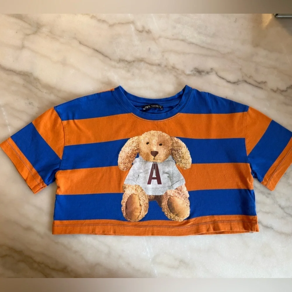 Zara teddy bear Striped Blue and Orange Crop Top medium - Picture 1 of 6